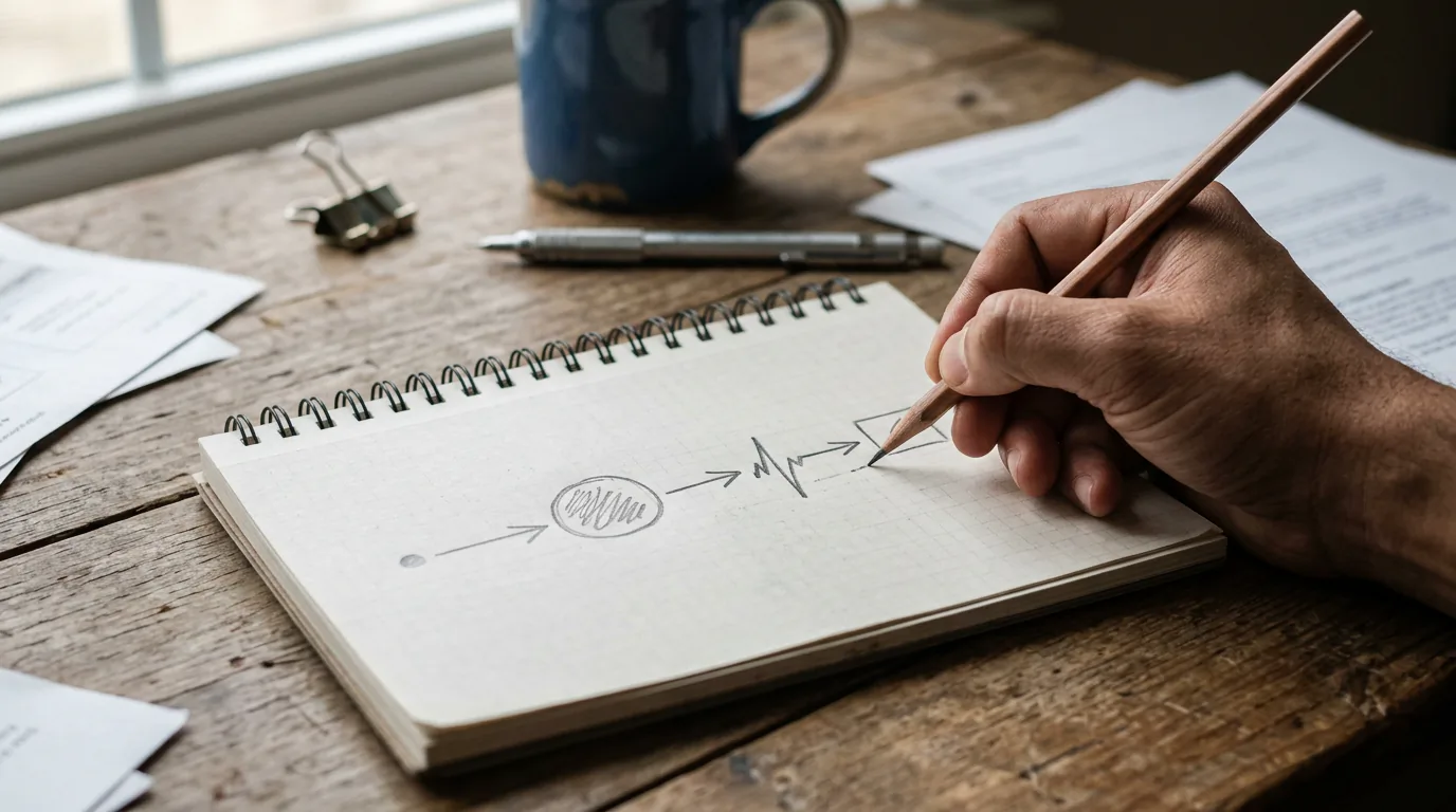 Hand skizziert Zeitstrahl auf Notizblock, Schadenabwicklung, 1376x768