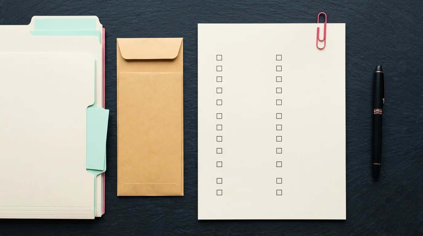 Checkliste und Umschläge mit Versicherungsunterlagen, Wechsel, 1376x768